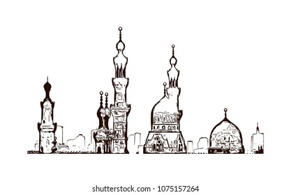 Landmark with building view with street of Cairo, Capital of Egypt. Hand drawn sketch illustration in vector.