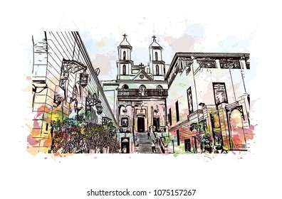 Landmark with building view with street of Cairo, Capital of Egypt. Watercolour splash with Hand drawn sketch illustration in vector.