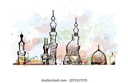 Landmark with building view with street of Cairo, Capital of Egypt. Watercolour splash with Hand drawn sketch illustration in vector.