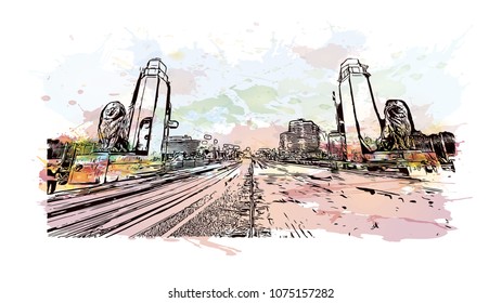 Landmark with building view with street of Cairo, Capital of Egypt. Watercolour splash with Hand drawn sketch illustration in vector.