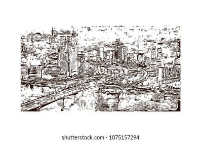Landmark with building view with street of Cairo, Capital of Egypt. Hand drawn sketch illustration in vector.