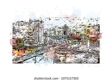 Landmark with building view with street of Cairo, Capital of Egypt. Watercolour splash with Hand drawn sketch illustration in vector.