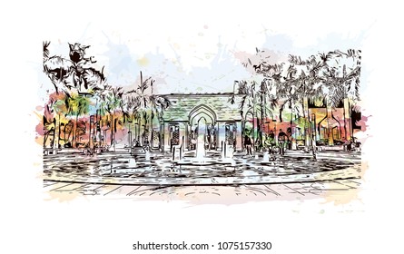 Landmark with building view with street of Cairo, Capital of Egypt. Watercolour splash with Hand drawn sketch illustration in vector.