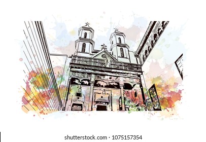 Landmark with building view with street of Cairo, Capital of Egypt. Watercolour splash with Hand drawn sketch illustration in vector.