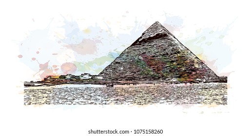 Landmark with building view with street of Cairo, Capital of Egypt. Watercolour splash with Hand drawn sketch illustration in vector.