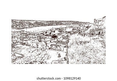 Landmark building view with street of Crete, Greece's largest island, Greece. Hand drawn sketch illustration in vector.