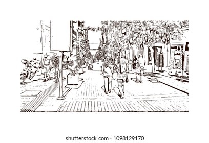 Landmark building view with street of Crete, Greece's largest island, Greece. Hand drawn sketch illustration in vector.