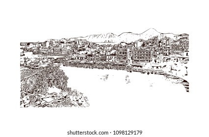 Landmark building view with street of Crete, Greece's largest island, Greece. Hand drawn sketch illustration in vector.