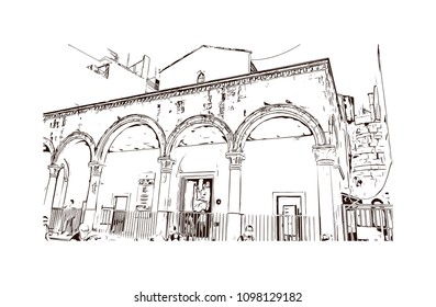 Landmark building view with street of Crete, Greece's largest island, Greece. Hand drawn sketch illustration in vector.