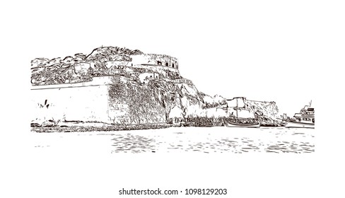 Landmark building view with street of Crete, Greece's largest island, Greece. Hand drawn sketch illustration in vector.