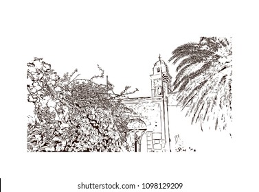 Landmark building view with street of Crete, Greece's largest island, Greece. Hand drawn sketch illustration in vector.