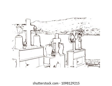 Landmark building view with street of Crete, Greece's largest island, Greece. Hand drawn sketch illustration in vector.