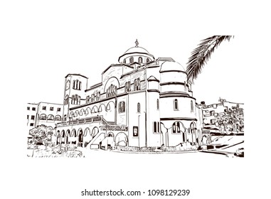 Landmark building view with street of Crete, Greece's largest island, Greece. Hand drawn sketch illustration in vector.