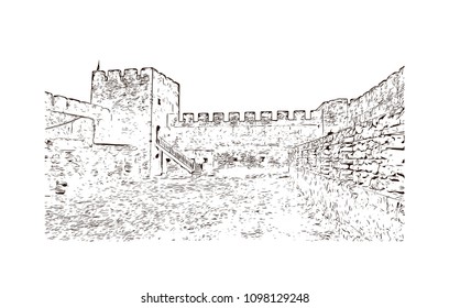 Landmark building view with street of Crete, Greece's largest island, Greece. Hand drawn sketch illustration in vector.