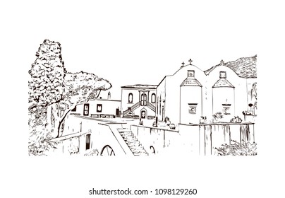 Landmark building view with street of Crete, Greece's largest island, Greece. Hand drawn sketch illustration in vector.