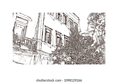 Landmark building view with street of Crete, Greece's largest island, Greece. Hand drawn sketch illustration in vector.