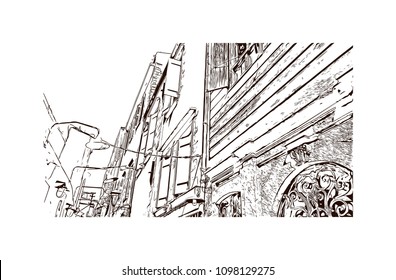 Landmark building view with street of Crete, Greece's largest island, Greece. Hand drawn sketch illustration in vector.