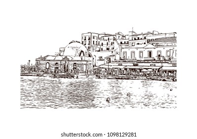 Landmark building view with street of Crete, Greece's largest island, Greece. Hand drawn sketch illustration in vector.