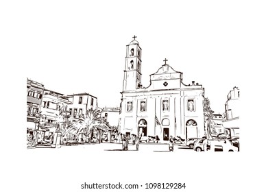 Landmark building view with street of Crete, Greece's largest island, Greece. Hand drawn sketch illustration in vector.