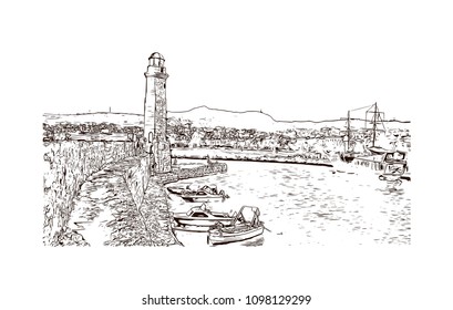 Landmark building view with street of Crete, Greece's largest island, Greece. Hand drawn sketch illustration in vector.