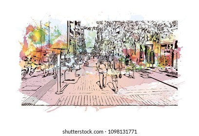 Landmark building view with street of Crete, Greece's largest island, Greece. Watercolor splash with Hand drawn sketch illustration in vector.