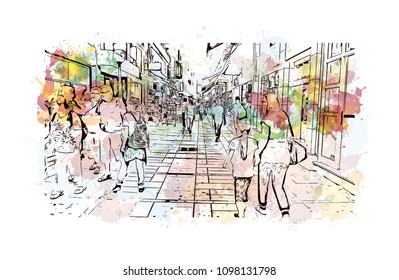 Landmark building view with street of Crete, Greece's largest island, Greece. Watercolor splash with Hand drawn sketch illustration in vector.