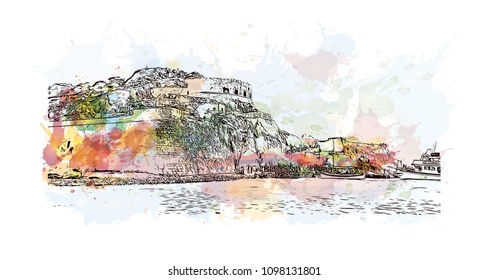 Landmark building view with street of Crete, Greece's largest island, Greece. Watercolor splash with Hand drawn sketch illustration in vector.