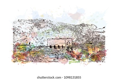 Landmark building view with street of Crete, Greece's largest island, Greece. Watercolor splash with Hand drawn sketch illustration in vector.