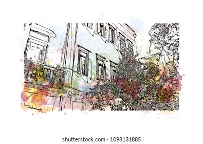 Landmark building view with street of Crete, Greece's largest island, Greece. Watercolor splash with Hand drawn sketch illustration in vector.