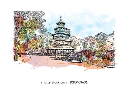 Landmark with building view and street view of Munich, City in Germany. Watercolor splash with hand drawn sketch illustration in vector.