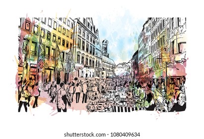 Landmark with building view and street view of Munich, City in Germany. Watercolor splash with hand drawn sketch illustration in vector.