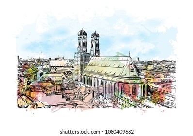 Landmark with building view and street view of Munich, City in Germany. Watercolor splash with hand drawn sketch illustration in vector.