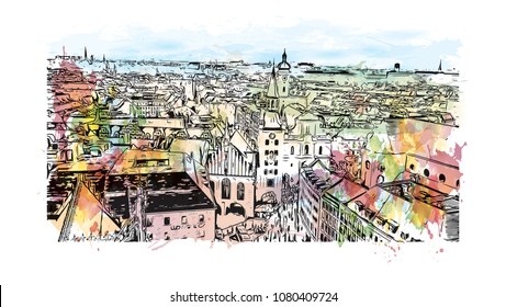 Landmark with building view and street view of Munich, City in Germany. Watercolor splash with hand drawn sketch illustration in vector.