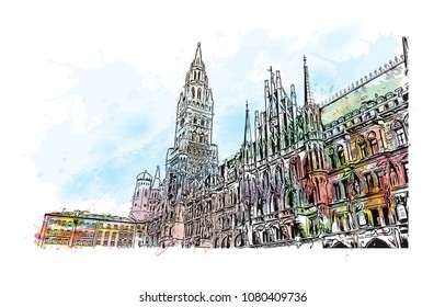 Landmark with building view and street view of Munich, City in Germany. Watercolor splash with hand drawn sketch illustration in vector.