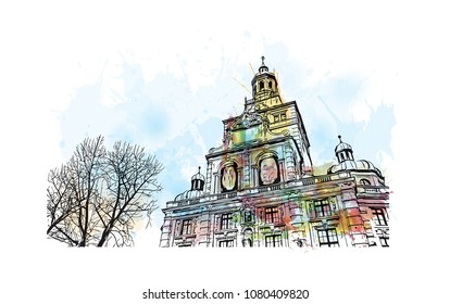 Landmark with building view and street view of Munich, City in Germany. Watercolor splash with hand drawn sketch illustration in vector.