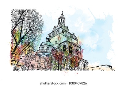 Landmark with building view and street view of Munich, City in Germany. Watercolor splash with hand drawn sketch illustration in vector.
