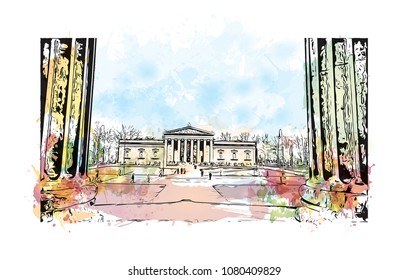 Landmark with building view and street view of Munich, City in Germany. Watercolor splash with hand drawn sketch illustration in vector.
