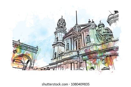 Landmark with building view and street view of Munich, City in Germany. Watercolor splash with hand drawn sketch illustration in vector.
