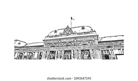 Landmark building view with street of Nice, City in France. Hand drawn sketch illustration in vector.