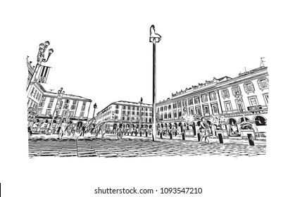 Landmark building view with street of Nice, City in France. Hand drawn sketch illustration in vector.
