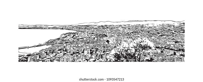 Landmark building view with street of Nice, City in France. Hand drawn sketch illustration in vector.