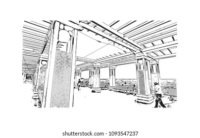 Landmark building view with street of Nice, City in France. Hand drawn sketch illustration in vector.