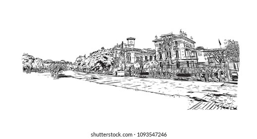 Landmark building view with street of Nice, City in France. Hand drawn sketch illustration in vector.