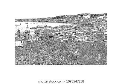 Landmark building view with street of Nice, City in France. Hand drawn sketch illustration in vector.