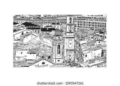 Landmark building view with street of Nice, City in France. Hand drawn sketch illustration in vector.