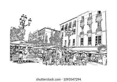 Landmark building view with street of Nice, City in France. Hand drawn sketch illustration in vector.