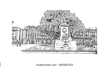 Landmark building view with street of Nice, City in France. Hand drawn sketch illustration in vector.