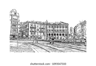 Landmark building view with street of Nice, City in France. Hand drawn sketch illustration in vector.