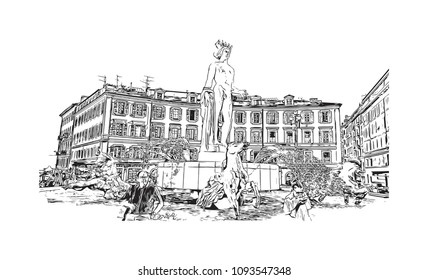 Landmark building view with street of Nice, City in France. Hand drawn sketch illustration in vector.