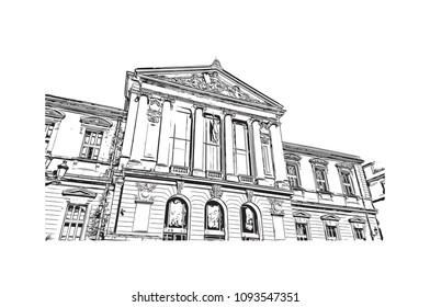 Landmark building view with street of Nice, City in France. Hand drawn sketch illustration in vector.